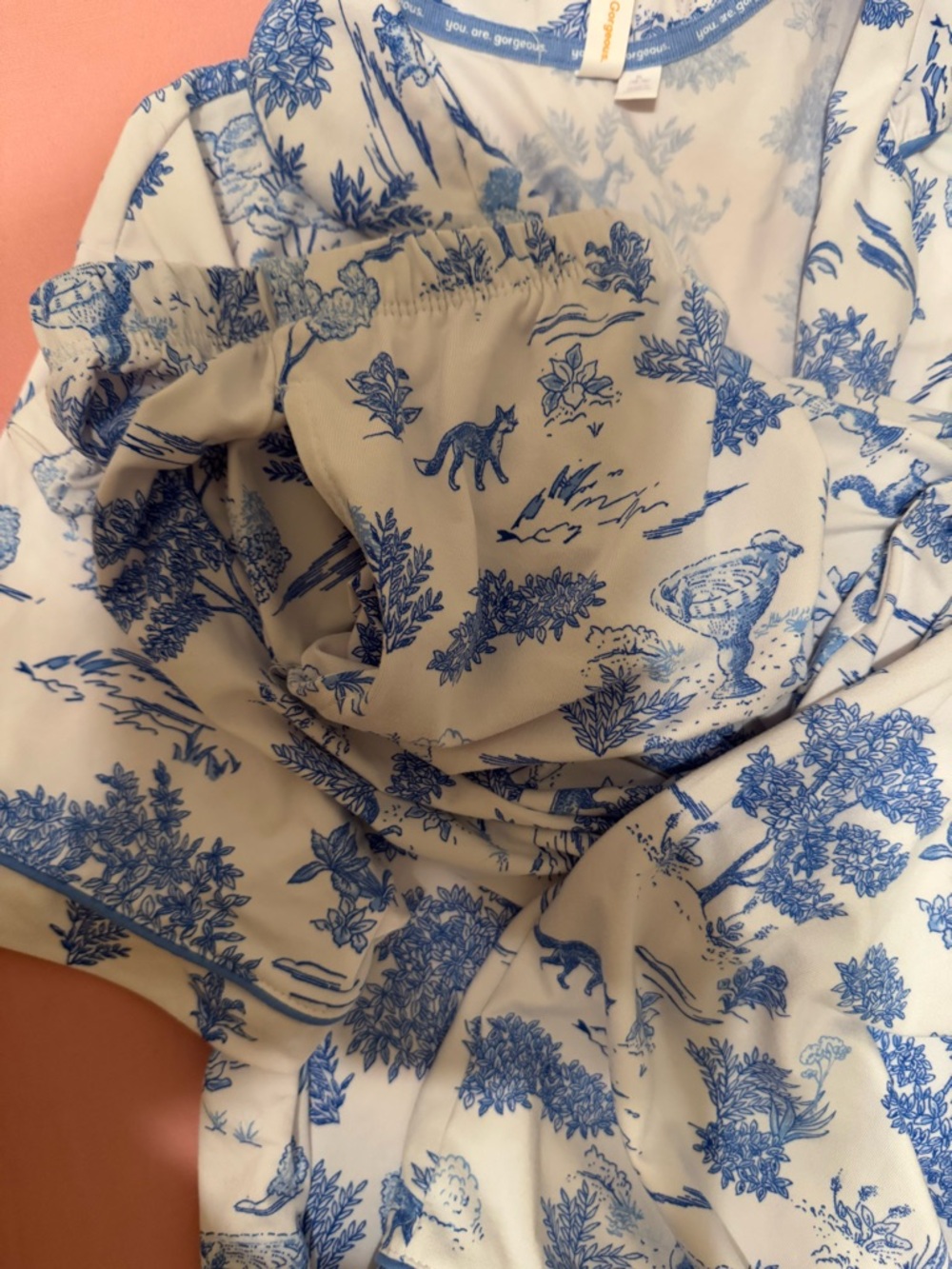 Blue Toile Print Short Sleeve Pajama Set - Classic Button-Front - Picture 3 of 4